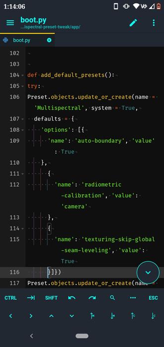 Screenshot from an Android phone of the app ACode, a mobile IDE and text editor, showing code from a GitHub repository being edited.