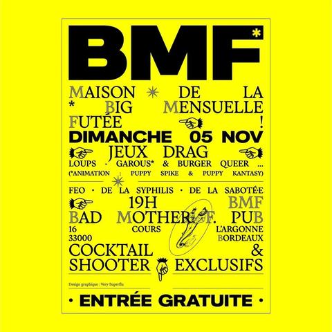 ﻿﻿﻿﻿﻿﻿Affiche présentant la soirée jeux mensuelle de l'association bordelaise drag La Maison De La. Elle aura lieu au BMF Pub à Bordeaux, dimanche 5 novembre à 19h. L'entrée est gratuite, venez !