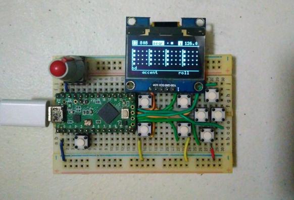 Aciduino V2 on Protoboard (TB303/TR808 sequencer with step, pattern and mute automation grid system, MIDI Controller, OLED display and extensible modular design to plug more potentiometers, buttons, MIDI or CV/Gate interfaces).