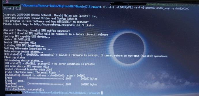 Writing the OpenRTX firmware to the Module17 board.