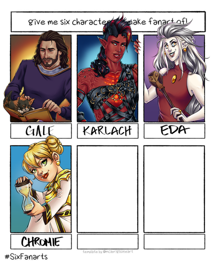 An art meme template requesting six characters to make fanart of. The first panel contains art of Gale from Baldur's Gate 3 with his tressym and a book. The second panel is Karlach leaning on the side of the frame. The third panels is Eda the Owl Lady holding her owl staff. The 4th panel is Chromie from World of Warcraft, holding an hour glass and smiling at the viewer