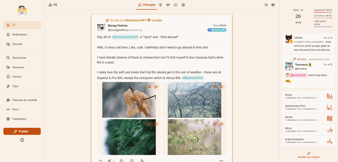 screenshot de ma tl Firefish, avec mon thème CozyFish, aux couleur chaudes et mon custom CSS, en light mode