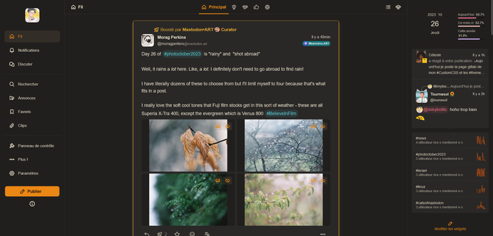 screenshot de ma tl Firefish, avec mon thème CozyFish, aux couleur chaudes et mon custom CSS, en dark mode
