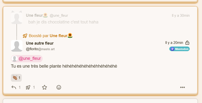 screenshot d'une publication-réponse, boosté par quelqu'un. Il y a un effet 3D pour montrer que la publication a été boosté