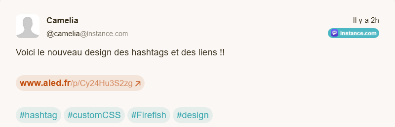 Screenshot des designs des hashtags et liens de mon custom CSS. le fond est de la même couleur que le texte, avec une opacité plus faible et les bords arrondis