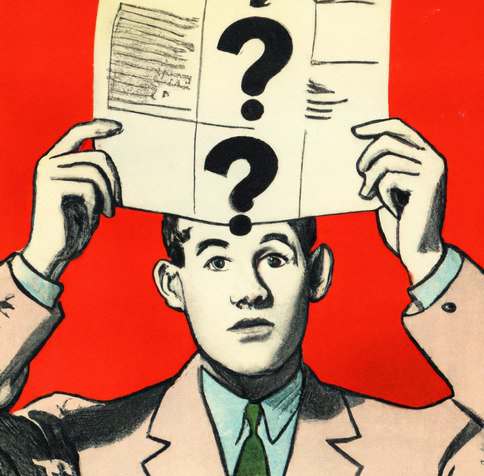 Illustration of someone in a business suit, holding up a document in front of his forehead. Question marks float in the air in front of the document.