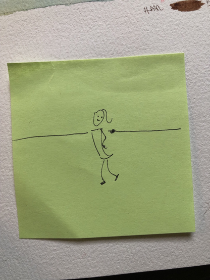 This is my extremely simple, thumbnail sketch on a Post-it note. The sketches of a female figure standing and pointing off to the left, her arm, goes right off of the edge of the paper, and comes in on the right side of the paper and points to her own self. This is a very preliminary concept, sketch and a stick figure style. Many of my ideas and concepts start like this.