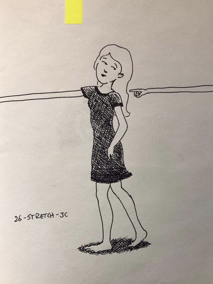 This is an ink sketch that I did five years ago for Inktober, based on the prompt “stretch”. The sketch is of a young, female, figure, standing and pointing off to the left. Her arm is stretched off of the page. The arm returns on to the right of the page and points to her own self. It is a play on words. The ink sketch is done in micron pen, which is a uniform line in black ink, and it is a simple and slightly scratchy style.