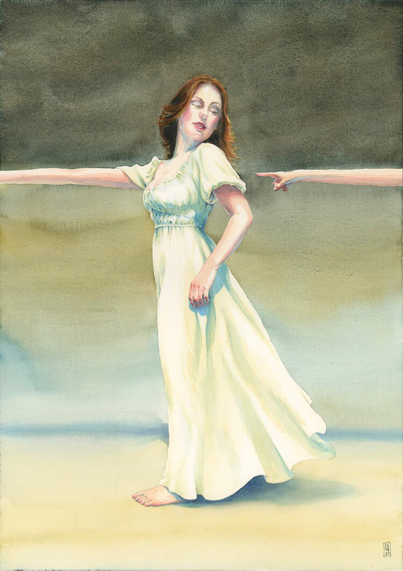 This is the final painting, in watercolor, that I have done based on my Inktober sketch for the word “stretch“. The painting is called “How to stretch a point”. It shows a woman standing, full figure, wearing a flowing white dress. She is pointing off the page on the left, and her arm is very stretched. The arm actually is so stretched that it comes in on the right side of the page, pointing to her own self. She is casually looking over her shoulder at the hand that is pointing to her. ￼￼