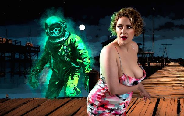 A beautiful woman clutches at her satin slip as she stands on a rickety old dock. Behind her, the glowing, green figure of Captain Cutler rises from the water.