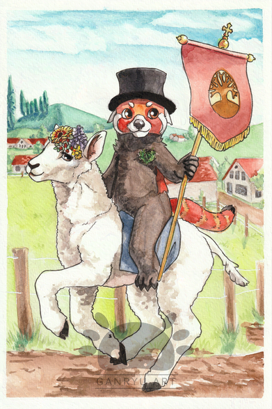 A watercolor painting of a cartoony anthro panda riding on a lamb. The red panda wears a black top hat, a green floral brooch on their chest and is holing a banner. The lamb is decorated with a flower crown and a simple blue cloth for a saddle. The are seen riding through the countryside with houses, hills and trees scattered about in the background.