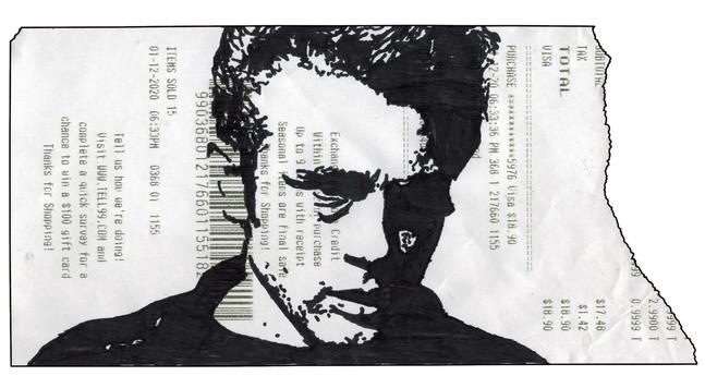 Pen drawing of James Dean looking rebellious drawn on a torn receipt.