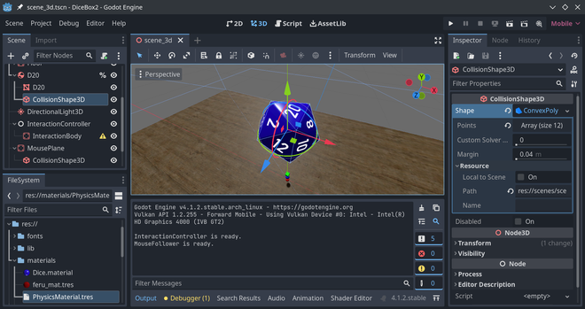 Screenshot of the Godot Engine editor with a blue, twenty sided die displayed in the 3D viewport in the center. There is a scene tree to the left and a properties panel to the right. At the bottom is a log window.