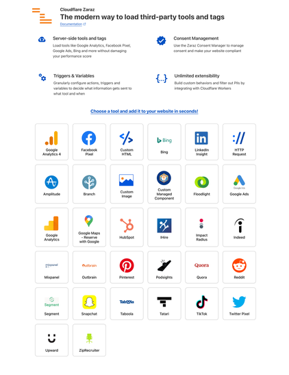 A screenshot of a Cloudflare page showcasing their feature called Zaraz. It allows you to add third-party tracking pixels to your website in a single click - you simply just choose from a list of corporate giants of which brand of tracking pixel you want to install.