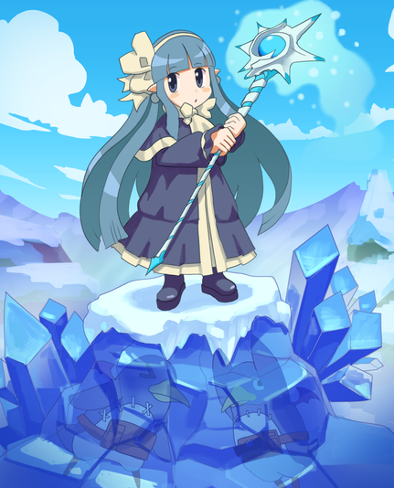 A little ice witch stands on some frozen penguin demons