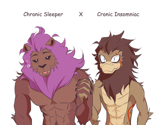 sleepy lion holding hands with a sleepless dino