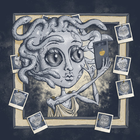 Digital illustration in blues and yellows. The greek goddess Medusa is holding a smartphone as if to take a selfie, she is made of stone. Her hair is made up of snakes and she wears a traditional greek dress. On the back of the phone the apple of discordia is depicted. Around her as a frame is a corkboard with polaroid pictures of headshots of other greek gods, namely Ares, Hermes, Dionysus, Hades, Artemis, Aphrodite and Zeus.