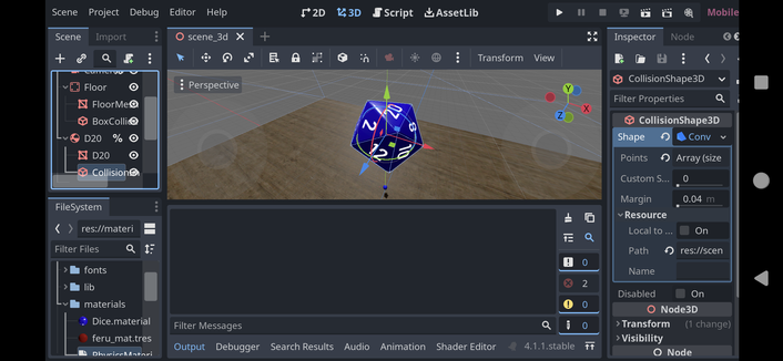 Screenshot of the Godot Engine editor on Android. 3D scene view.