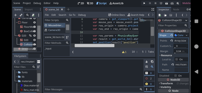 Screenshot of the Godot Engine editor on Android. GDScript text editor.