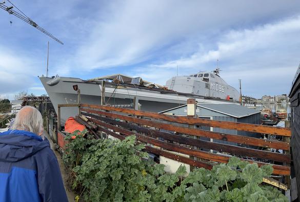 A 1960s German minesweeper converted into a home. By far the biggest of all the houseboats, and now permanently stuck here as there’s no way it’s getting under the footbridge that has been built over the river a few hundred yards downstream.