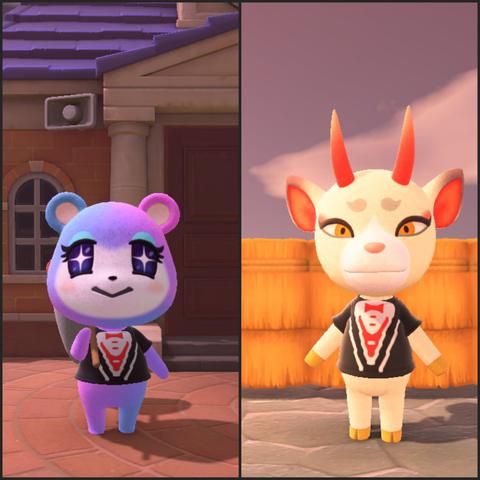 Collage of two side by side Animal Crossing: New Horizons screenshots. In each, the villager is wearing a custom design tuxedo t-shirt with a red bow tie and red vest. On the left is Judy (blue-purplish pink bear cub with sparkly eyes) who is holding a net in front of the town hall building. On the right is Shino (white deer with long red horns, yellow eyes, and killer reddish eye makeup) standing on a concrete walkway in front of a some hay fencing.