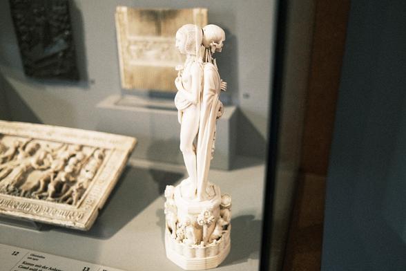 Memento Mori, two-sided sculpture, ivory carvin, seen at the Bode Museum, Berlin.