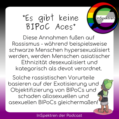 Das Sharepic besteht aus einem weißen Textfeld mit schwarzer Schrift. Um das Textfeld herum sind im Hintergrund die Ace-Farben und das InSpektren Logo ist in der Ecke rechts oben. Auf dem Textfeld steht: “Diese Annahmen fußen auf Rassismus - während beispielsweise schwarze Menschen hypersexualisiert werden, werden Menschen asiatischer Ethnizität desexualisiert und kategorisch als devot verordnet.
Solche rassistischen Vorurteile basieren auf der Exotisierung und Objektifizierung von BIPoCs und schadet allosexuellen und asexuellen BIPoCs gleichermaßen!” 
In der rechten Ecke der Textkachel steht Aron mit dem Rücken zum Betrachter und schaut sich mit der Hand am Kinn den Text an.