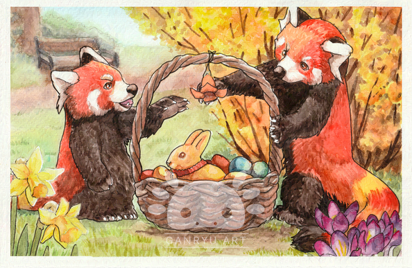 A watercolor painting of two juvenile red pandas posing on either side of an woven Easter basket filled with candy. Both are curiously reaching for a flower ornament hanging from the handle. The scene plays in a park, they're sitting in the grass surrounded by in typical spring flowers.