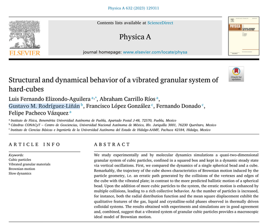 Snapshot of the article "Structural and dynamical behavior of a vibrated granular system of hard-cubes" published in
Physica A, 632 (2023) 129311. 
Authors: L. F. Elizondo-Aguilera, A. Carrillo Ríos, G. M. Rodríguez-Liñán, F. López Gonzalez, F. Donado, F. Pacheco Vázquez.
ABSTRACT We study experimentally and by molecular dynamics simulations a quasi-two-dimensional granular system of cubic particles, confined in a squared box and kept in a dynamic steady state  via vertical oscillations. First, we compared the dynamics of a single spherical bead and a cube. Remarkably, the trajectory of the cube shows characteristics of Brownian motion induced by the particle geometry, i.e. an erratic path generated by the collisions of the vertexes and edges of the cube with the vibrated plate; in contrast to the more predicted ballistic motion of a spherical bead. Upon the addition of more cubic particles to the system, the erratic motion is enhanced by multiple collisions, leading to a rich collective behavior. As the number of particles is increased, for instance, both the radial distribution function and the mean square displacement exhibit the qualitative features of the gas, liquid and crystalline-solid phases observed in thermally driven colloidal systems. The results obtained with experiments and simulations are in good agreement and, combined, suggest that a vibrated system of granular cubic particles provides a macroscopic ideal model of Brownian motion.