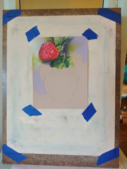 Artwork in progress on strawberries in soft pastel on sand colored paper. Only the top berry is near complete and the others are only outlined.