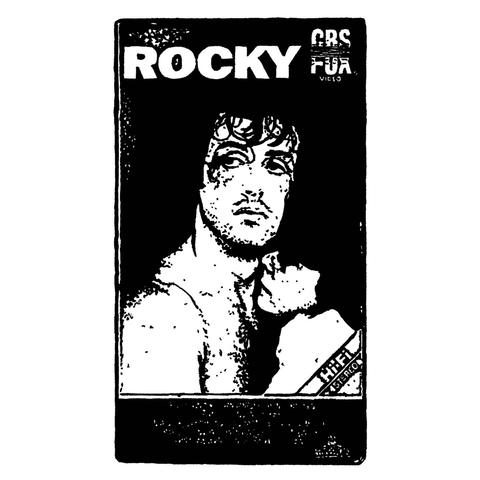 Black and white drawing of the VHS box for Rocky with Sylvester Stallone looking determined on the cover.