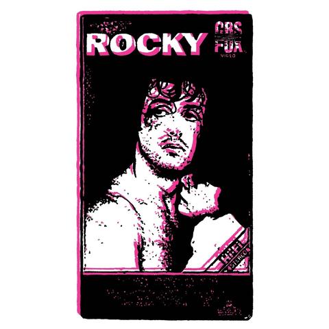 Magenta drawing of the VHS box for Rocky with Sylvester Stallone looking determined on the cover.