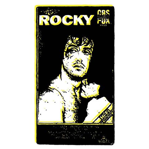 Yellow drawing of the VHS box for Rocky with Sylvester Stallone looking determined on the cover.