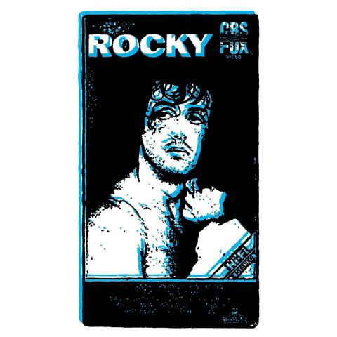 Cyan drawing of the VHS box for Rocky with Sylvester Stallone looking determined on the cover.