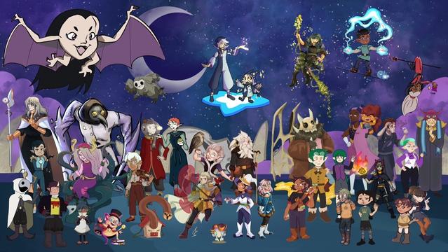 A collaboration of all the owl house characters each of them drawn in a different style in a purple starry night