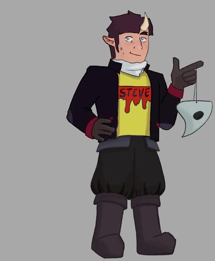 Steve from the owl house he is a guy wearing a black jacket, some really larges trousers ending in his boots and a yellow t shirt with his name on it. He have blue eyes a horn and is there a white plague mask pending in his left hand