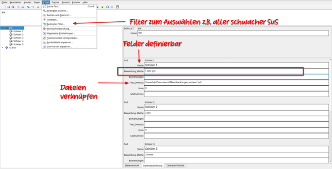 Programm TreeLine mit angelegten Schülern. Es wird die Möglichkeit gezeigt diese zu filtern, Dateien zu verlinken und Felder zu definieren
