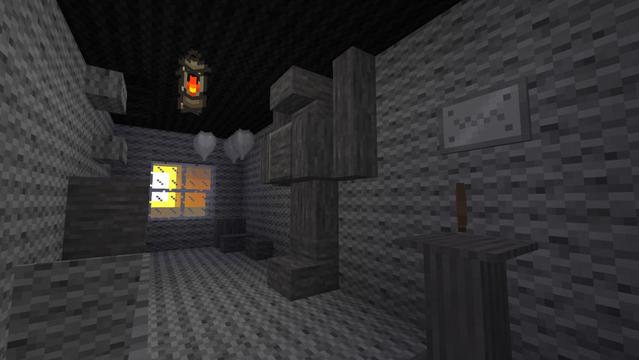 A gray room with wooly walls. There are: A pedestal, a steel sign, some gray ballons, a lantern, some stone slabs and blocks, and a stone statue. At the back, the sunrise shines through a window.