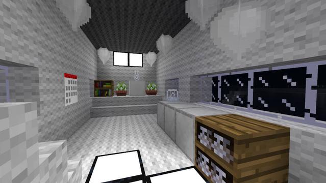 A small white room made out of wool. There are: A calendar, steel blocks, white lamp blocks, white balloons, white dandelion flower pots, wool stairs to sit on, a bookshelf and a vessels shelf. Windows decorate the left and right side.