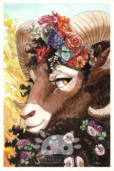 A watercolor bust portrait painting of an anthro wild sheep wearing a flower crown.
