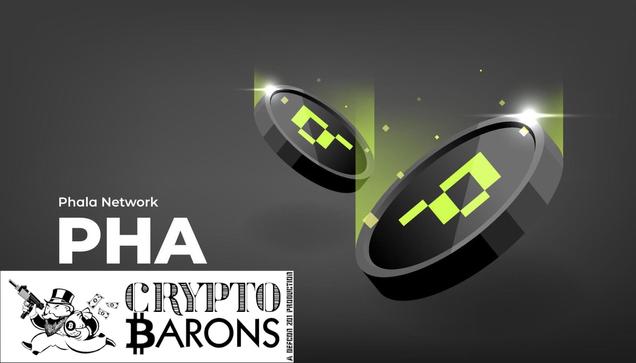 Phala Network Tokens falling from the sky on a grey background next to the Crypto Barons Logo