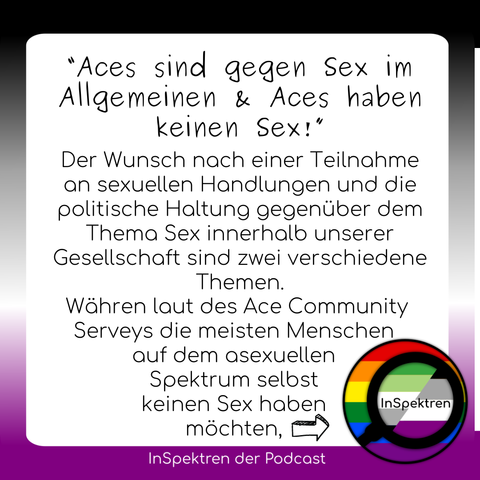 Das Sharepic besteht aus einem weißen Textfeld mit schwarzer Schrift. Um das Textfeld herum sind im Hintergrund die Ace-Farben und das InSpektren logo ist in der Ecke rechts unten. Auf dem Textfeld steht:“Aces sind gegen Sex im Allgemeinen & Aces haben keinen Sex!” Der Wunsch nach einer Teilnahme an sexuellen Handlungen und die politische Haltung gegenüber dem Thema Sex innerhalb unserer Gesellschaft sind zwei verschiedene Themen. Währen laut des Ace Community Serveys die meisten Menschen auf dem asexuellen Spektrum selbst keinen Sex haben möchten,

Wo der Satz mitten im Satz aufhört zeigt ein dicker Pfeil nach rechts, um weiterzuswipen.
