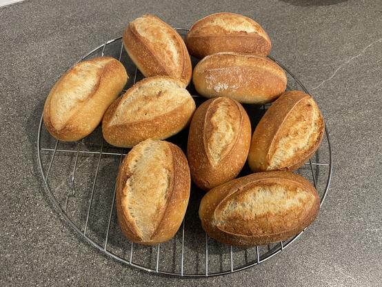 Homemade bread rolls on a grey-sparkled surface. The bread rolls have a great light-brown color.