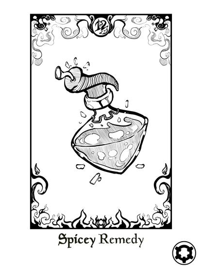 Spicey Remedy.

Potion. A character gains resistance against Ice-based attacks and spells for two turns. If that character is under the effects of a freezing spell or ability, it is cured.