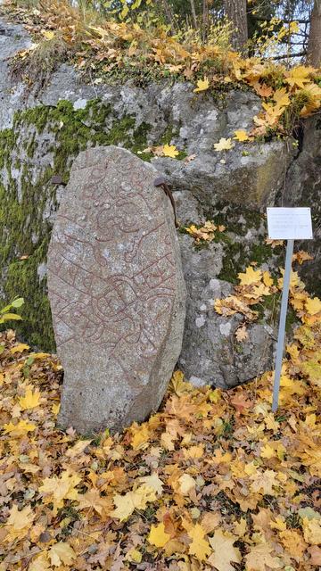 Runestone and small plaque surrounded by an abundance of yellow leaves.