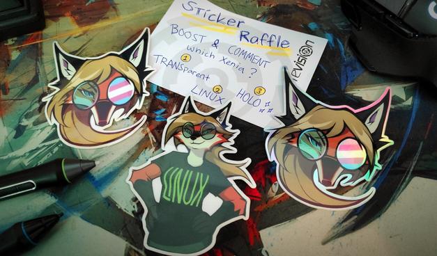 Photo of three Xenia stickers and a note with text: "Sticker Raffle, boost & comment which Xenia: 1) TRANSparent 2) LINUX 3) HOLO"