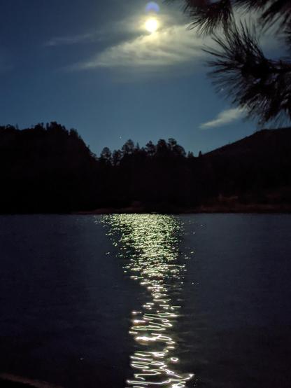 After sunset, looking across the lake the moon shining through wispy clouds casts a moon glow on the water. Deep blue sky. Everything else in dark outline.