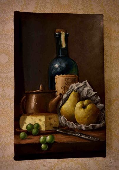 Oil painting of a still life with wine bottle, clay jug, cheese, pears and a few grapes.