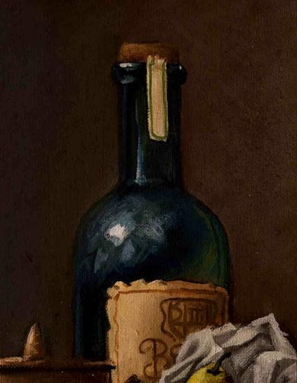 Detail of the oil painting of the wine bottle
