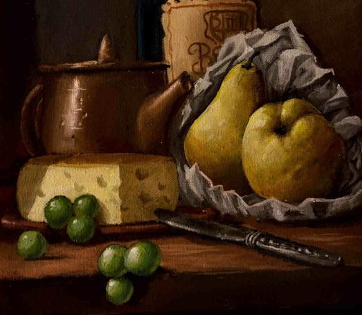 Detail view of the oil painting of the clay pot, pears and cheese.